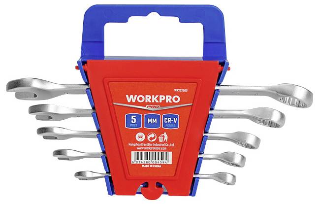 Set petih srebrnih viličastih ključev različnih velikosti je pakiran v rdeče-modri držalo, označen z napisom 'WORKPRO'.