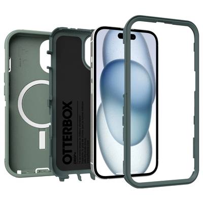Robustna mobilna torbica z MagSafe tehnologijo, sestavljena iz več delov za zaščito telefona, ilustrativno prikazana poleg iPhone-a.
