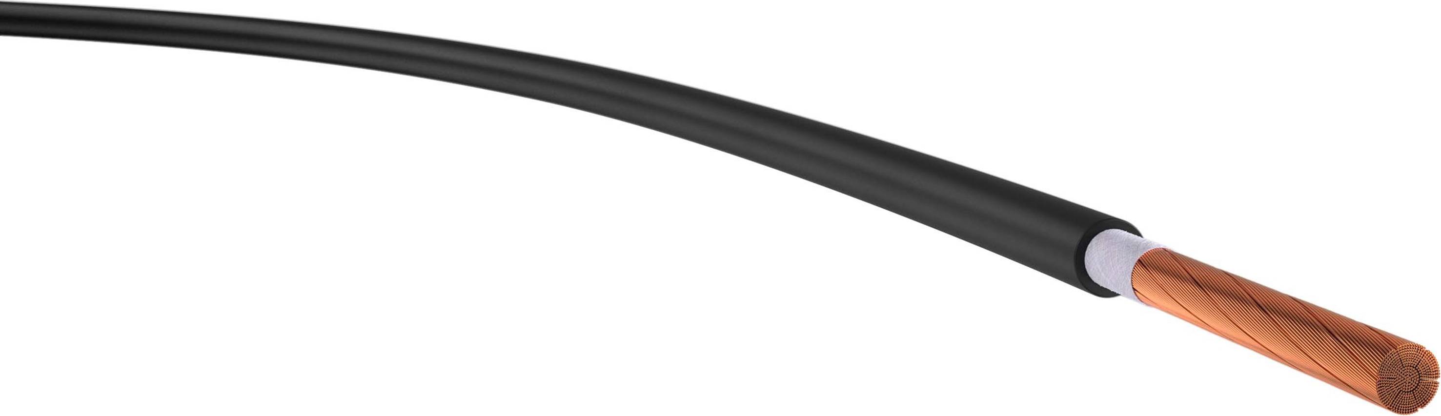 Izolirana žica s črnim plaščem, ki razkriva golo bakreno jedro znotraj. Primerna za električne inštalacije.