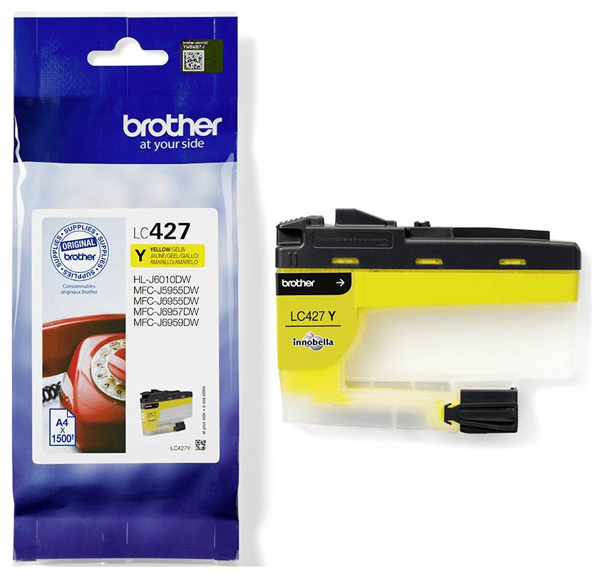 'Brother' branded rumeni črnilni vložek (LC427 Y), pakiran za določene modele tiskalnikov, vključno z MFC-J6955DW in HL-J6010DW.