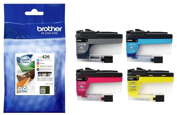 Komplet črnilnih patronov 'Brother' LC426 v cianski, magentni, rumeni in črni barvi. Na embalaži piše: 'MFC-J4335DW, J4340DW, J4540DW'.