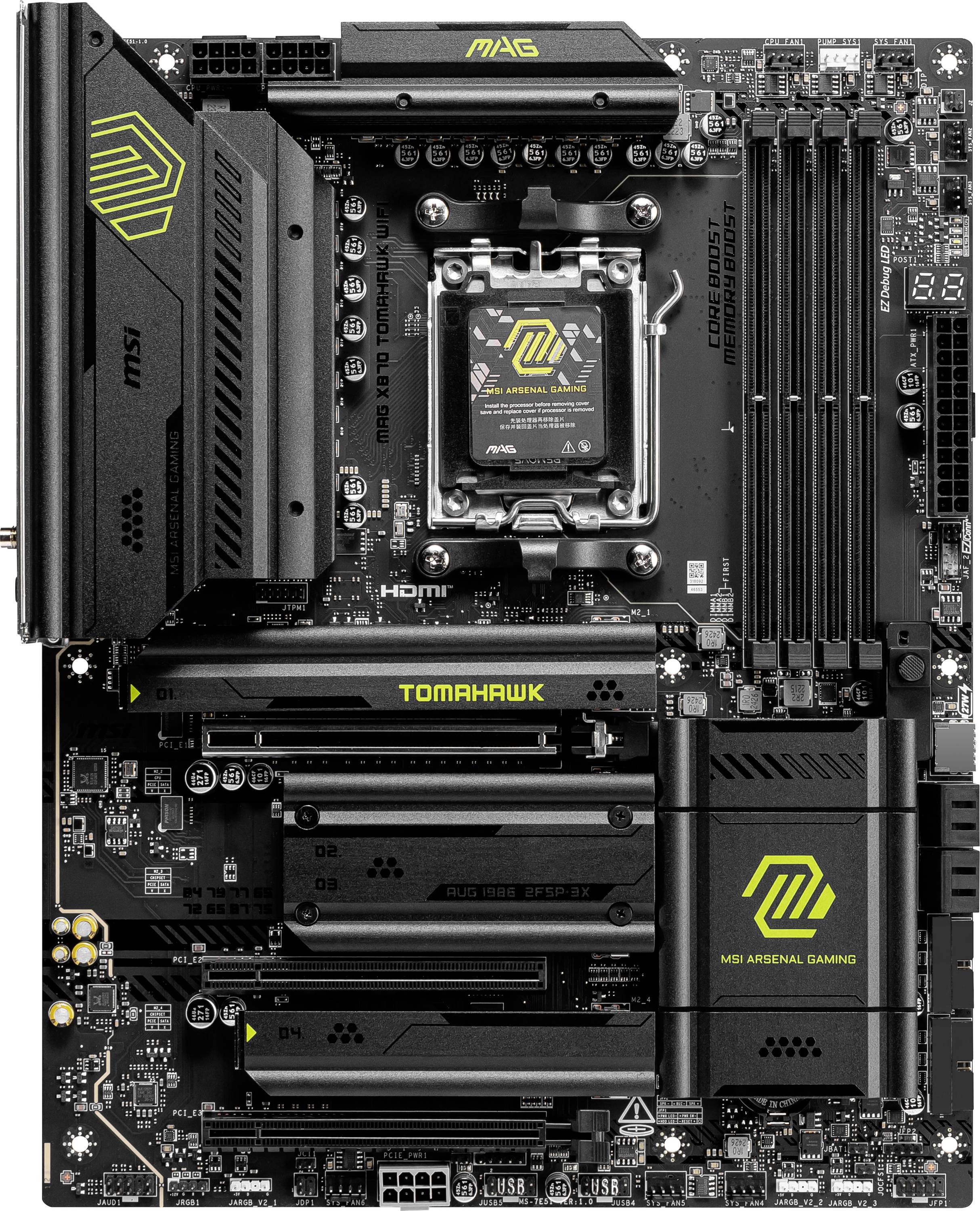 MSI MAG Z790 TOMAHAWK WIFI matična plošča s PCIe režami, RAM vtičnicami, vtičnico za procesor in hladilniki. Gaming dizajn v črni in rumeni barvi.