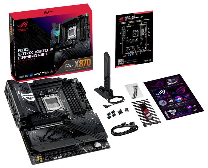 'ASUS ROG STRIX X670E-F GAMING WIFI' komplet matične plošče: matična plošča, antena, kabli, vijaki, priročnik in embalaža na belem ozadju.