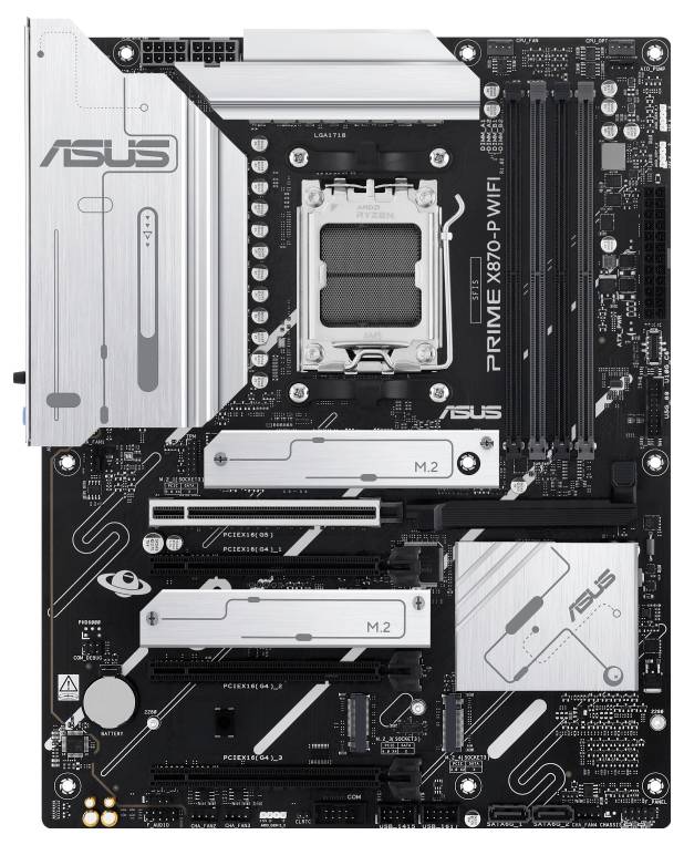 Matična plošča z USB- in LAN-priključki, režami za RAM, PCIe-režami, M.2-režami in CPU-ležiščem, primerna za gaming računalnik.