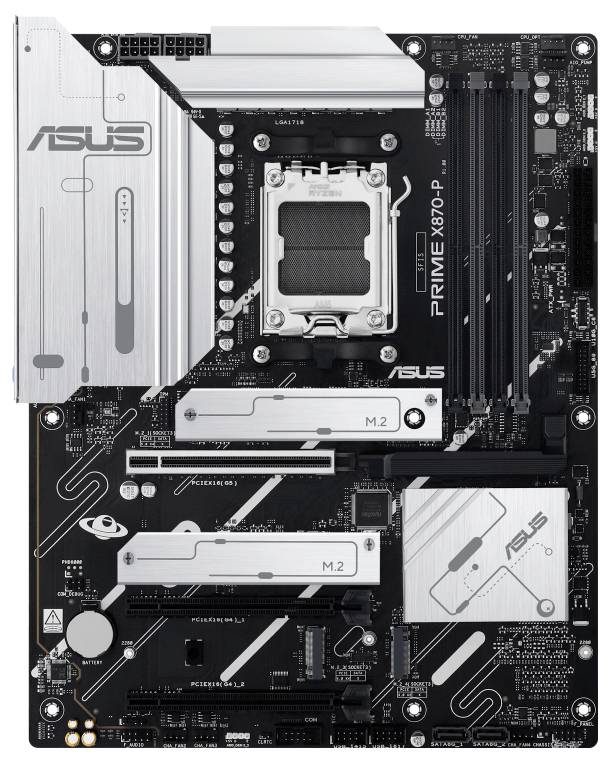 Matična plošča znamke Asus s CPU vtičnico, več RAM režami, M.2 priključki in PCIe režami.