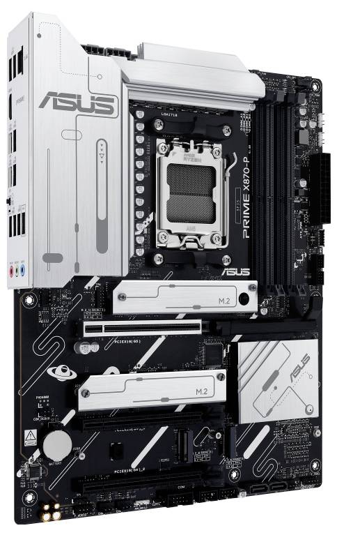 ASUS-matična plošča v črni in srebrni barvi, model 'PRIME X670-P'. Vidnih številnih priključkov in razširitvenih rež.