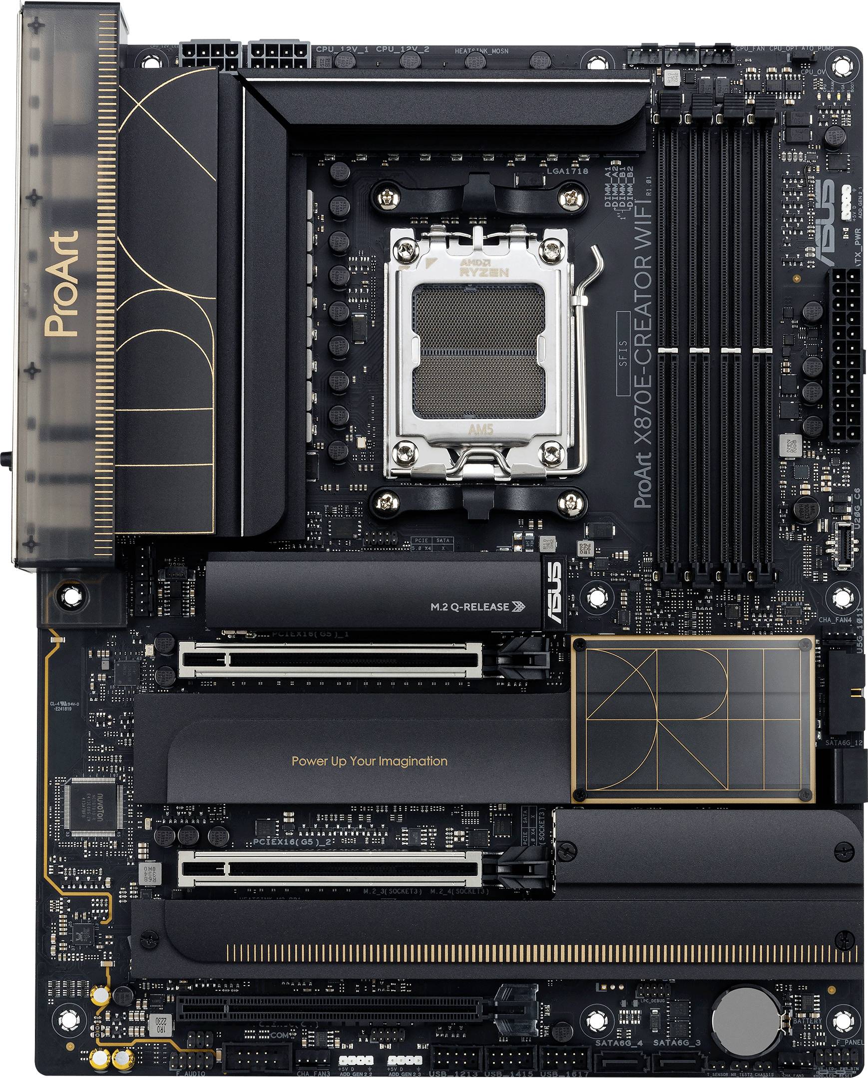 ASUS ProArt X670E-Creator WiFi matična plošča z več režami za RAM, vtičnico za procesor in različnimi priključki.