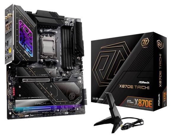 Matična plošča ASRock X670E Taichi s HDMI- in USB-priključki. Vključena embalaža in WLAN-antena. Podpira serijo AMD Ryzen 7000.