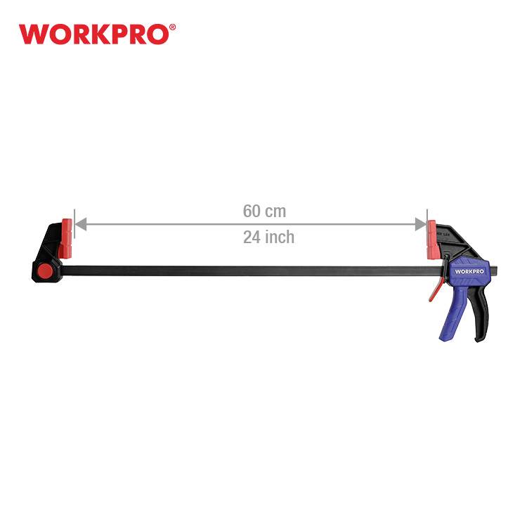 WORKPRO Vijačna spona, 60 cm/24 palcev z črnim trakom, rdečimi čeljustmi in modrim ročajem.