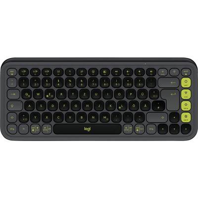 Črna QWERTZ-tipkovnica z rumenimi oznakami, zaobljenimi tipkami in označenimi funkcijskimi tipkami. Znamka 'Logi'.