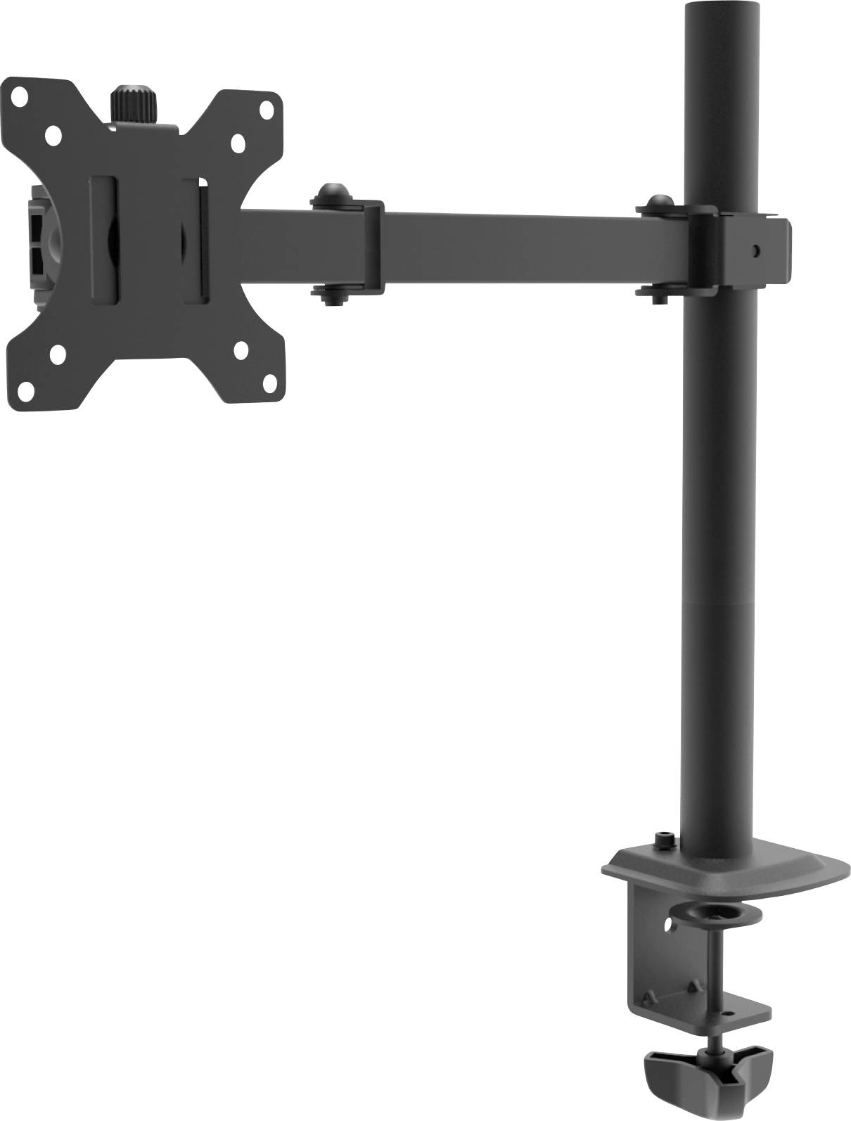 Nastavljiva namizna držala za monitor v črni barvi, pritrjena s sponko na mizo. Primerna za ergonomsko namestitev zaslona.