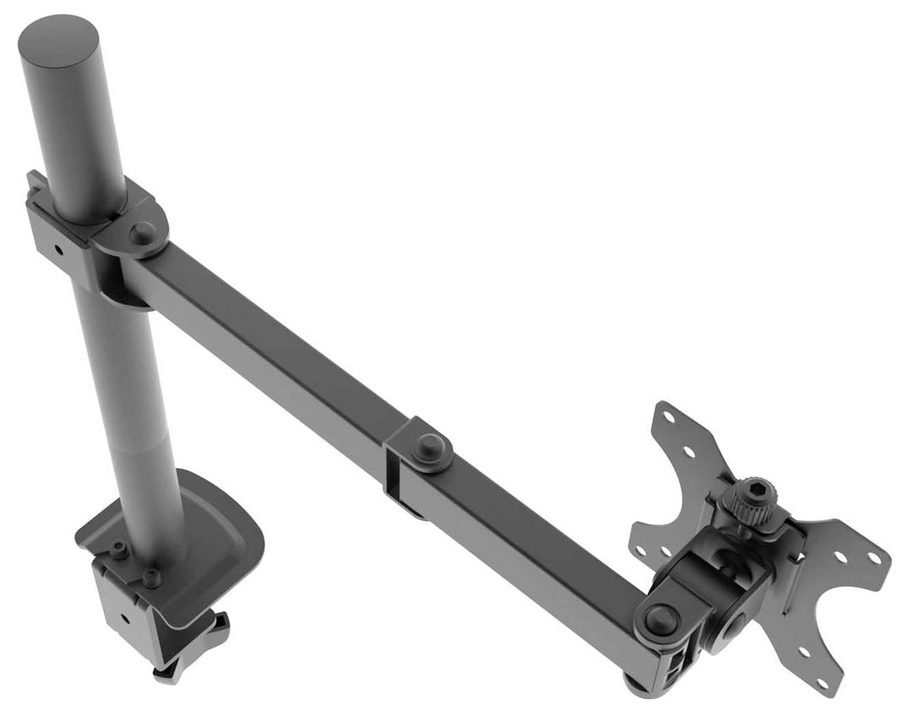 Črni namizni nosilec za monitor z nastavitvijo višine, opremljen s pripenjalno sponko za pritrjevanje na rob mize. Primeren za monitorje, združljive s standardom VESA.