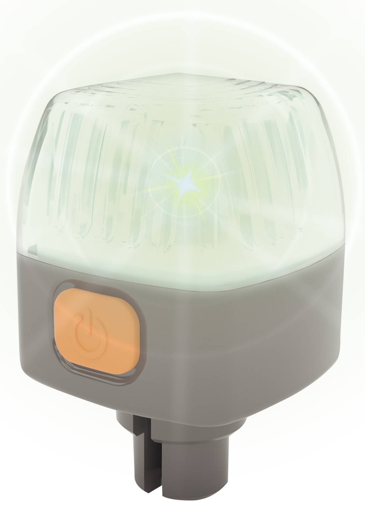Svetleča LED-svetilka z oranžnim gumbom za vklop; svetilka seva svetlobo v vse smeri.