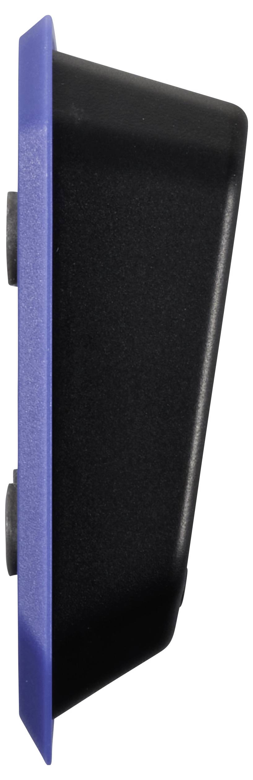 Pravokotni plastični del v modro-črni barvi, prikazan s strani. Na levi strani ima dva okrogla gumba.