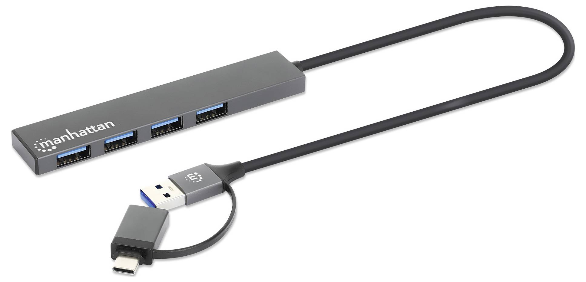 USB-hub s štirimi priključki in kombiniranim USB-A/USB-C kablom. Idealen za priklop več naprav na en računalnik.