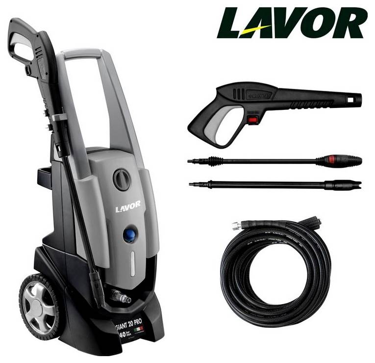 Visokotlačni čistilec z opremo: pištola, šobe in cev. Blagovna znamka izdelka 'Lavor' je prikazana zgoraj desno.