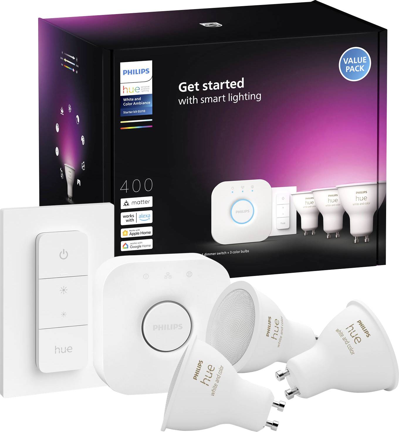 Philips Hue Začetni Komplet z mostičkom, tremi LED-sijalkami GU10 in stikalom. Omogoča pametno upravljanje in prilagajanje svetlobe, združljiv z glasovnimi pomočniki.