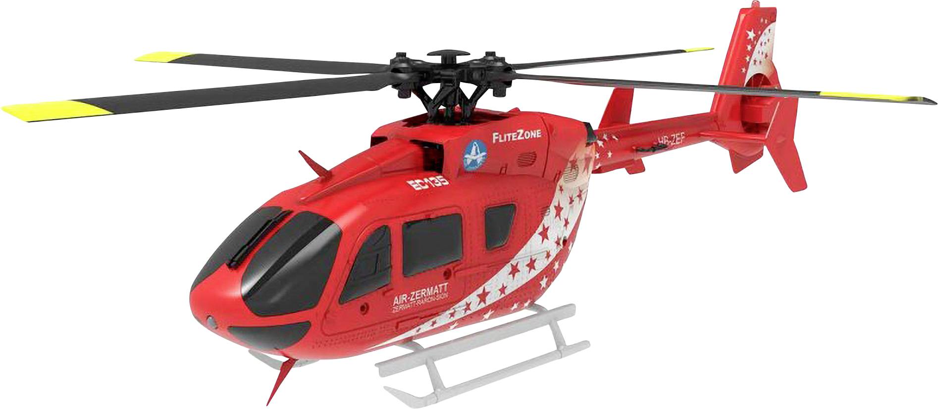Rdeč reševalni helikopter z logotipom 'FlutZone' in belimi zvezdicami; namenjen hitremu zdravstvenemu posredovanju.