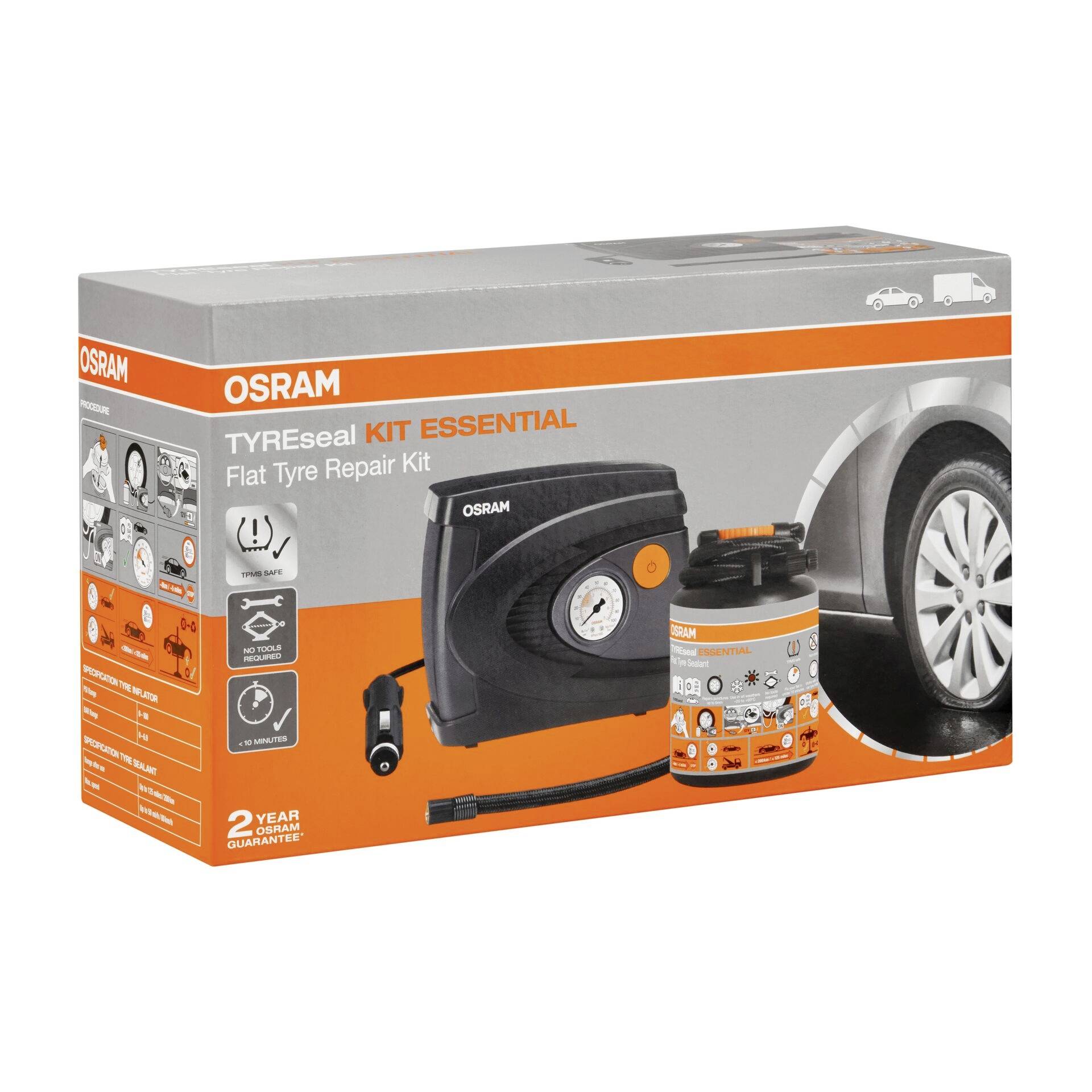 Komplet za popravilo predrtih pnevmatik 'OSRAM TYREseal Kit Essential'. Slika prikazuje embalažo z ilustracijami kompleta in avtomobilsko pnevmatiko.