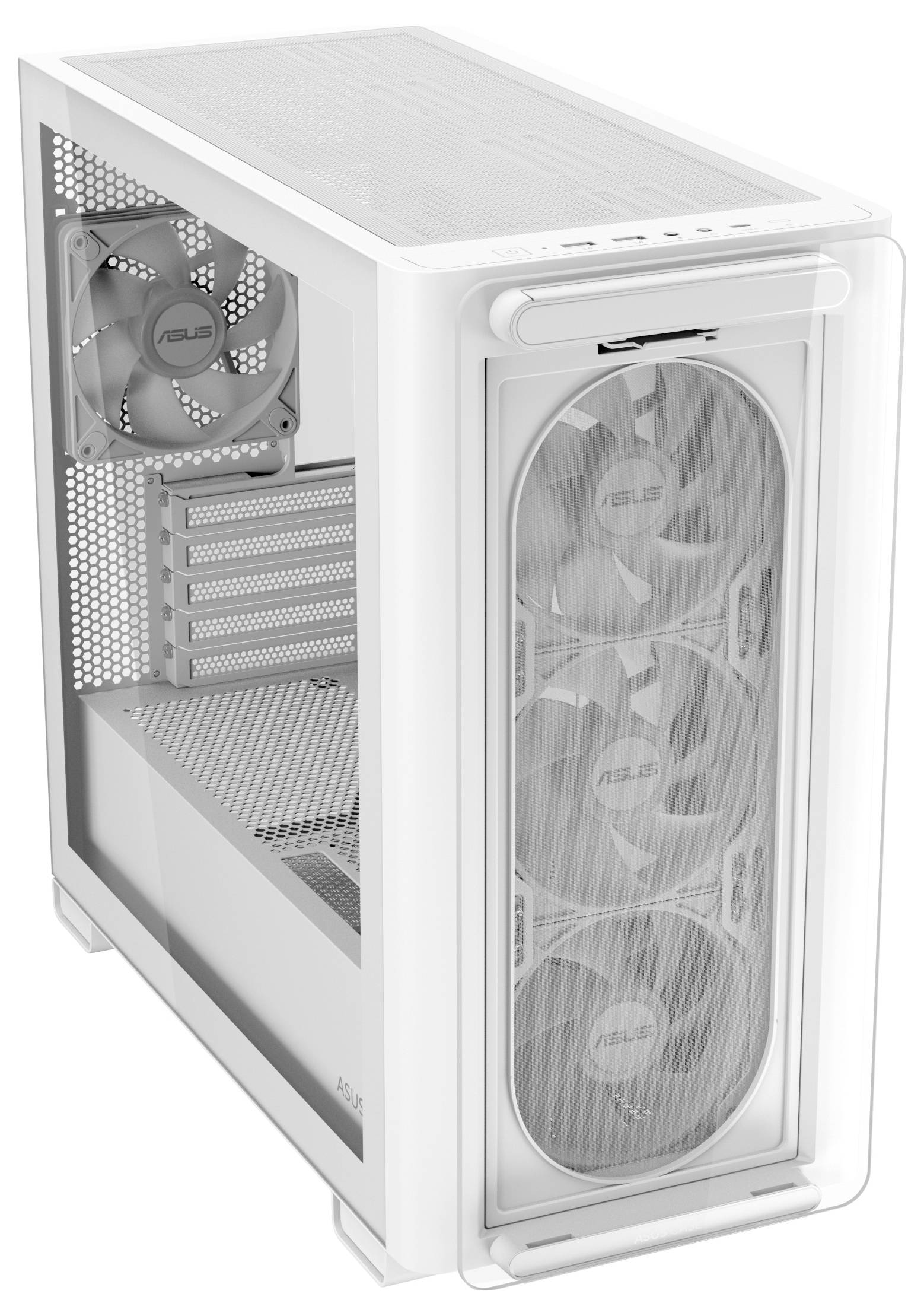 Belo ohišje računalnika s prozornim stranskim pokrovom, tremi velikimi ventilatorji spredaj in manjšim ventilatorjem zadaj, moderne zasnove.