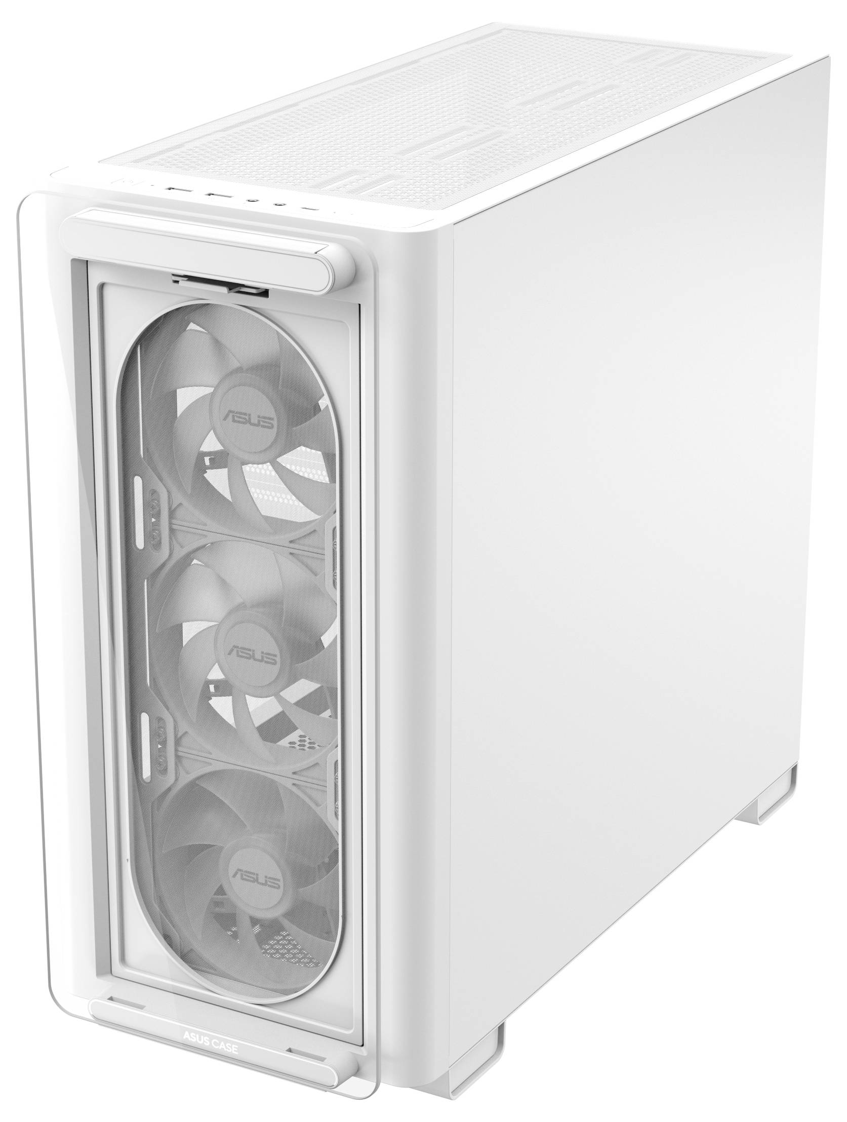 Belo ohišje računalnika s prosojnim sprednjim panelom, ki prikazuje tri velike ventilatorje z logotipom 'ASUS'.