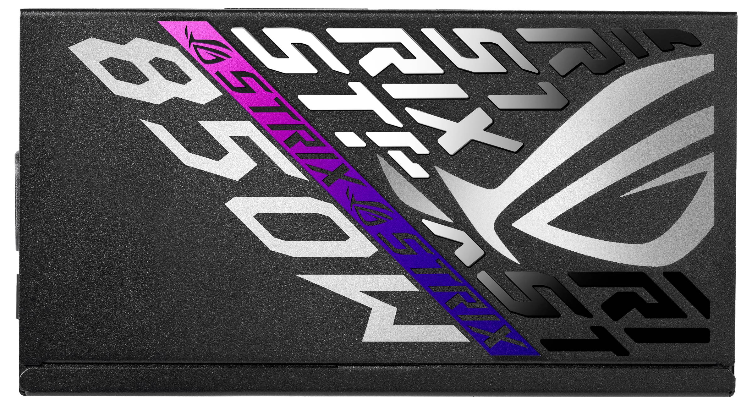 Črn napajalnik z vtisnjenim napisom 'ROG STRIX 850W' in logotipom ROG. Barvni poudarki v modri in rožnati barvi na srebrnem ozadju.