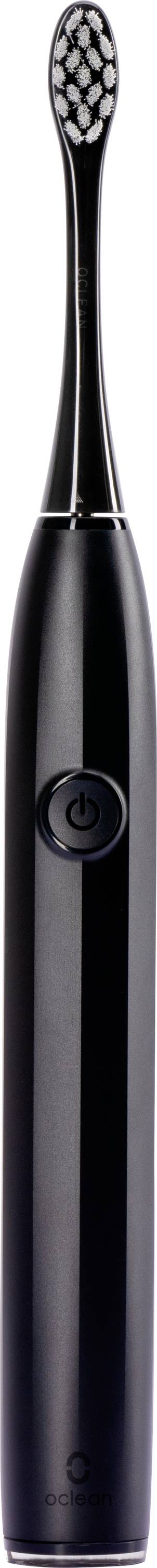 Črna električna zobna ščetka z okroglo glavo in gumbom za vklop/izklop na ročaju.