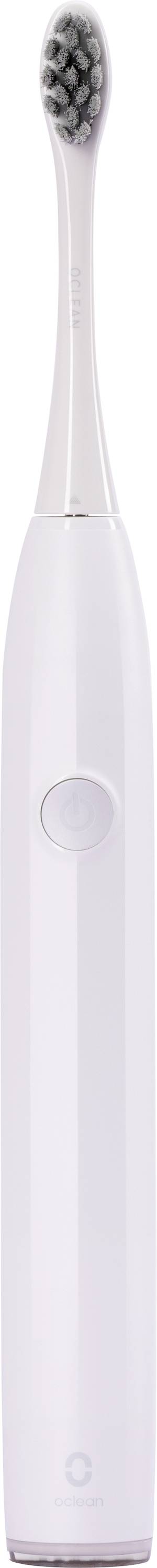Električna zobna ščetka v beli barvi z okroglo glavo in sivimi ščetinami, stranski vklop.
