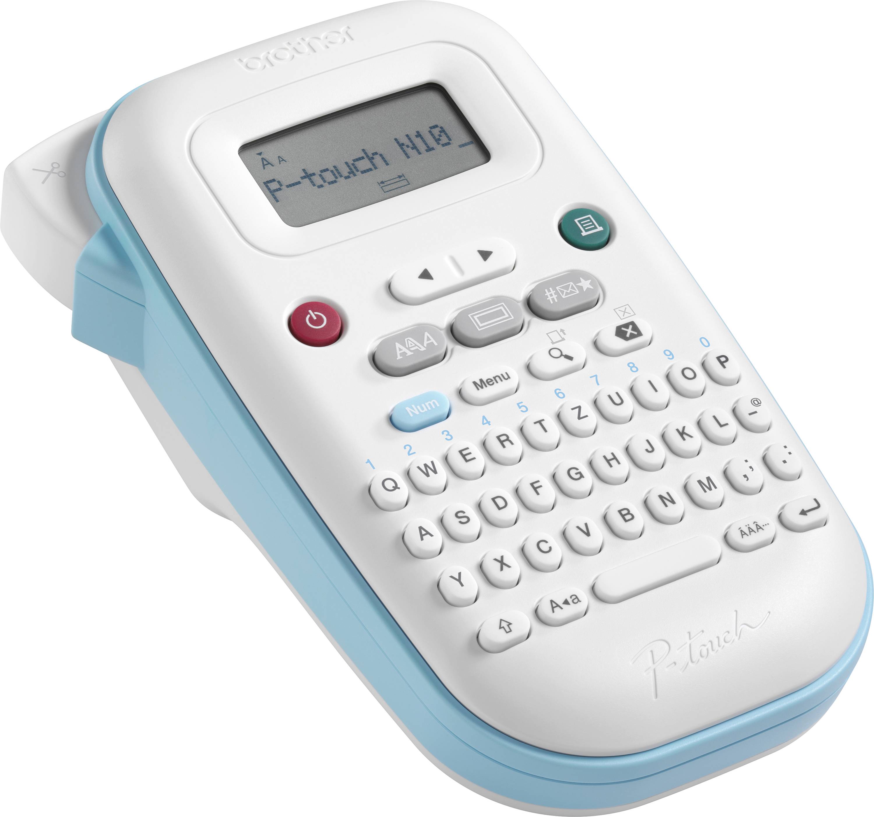 Bela, prenosna naprava za označevanje z QWERTZ tipkovnico in majhnim zaslonom, na katerem piše 'P-touch M10'.