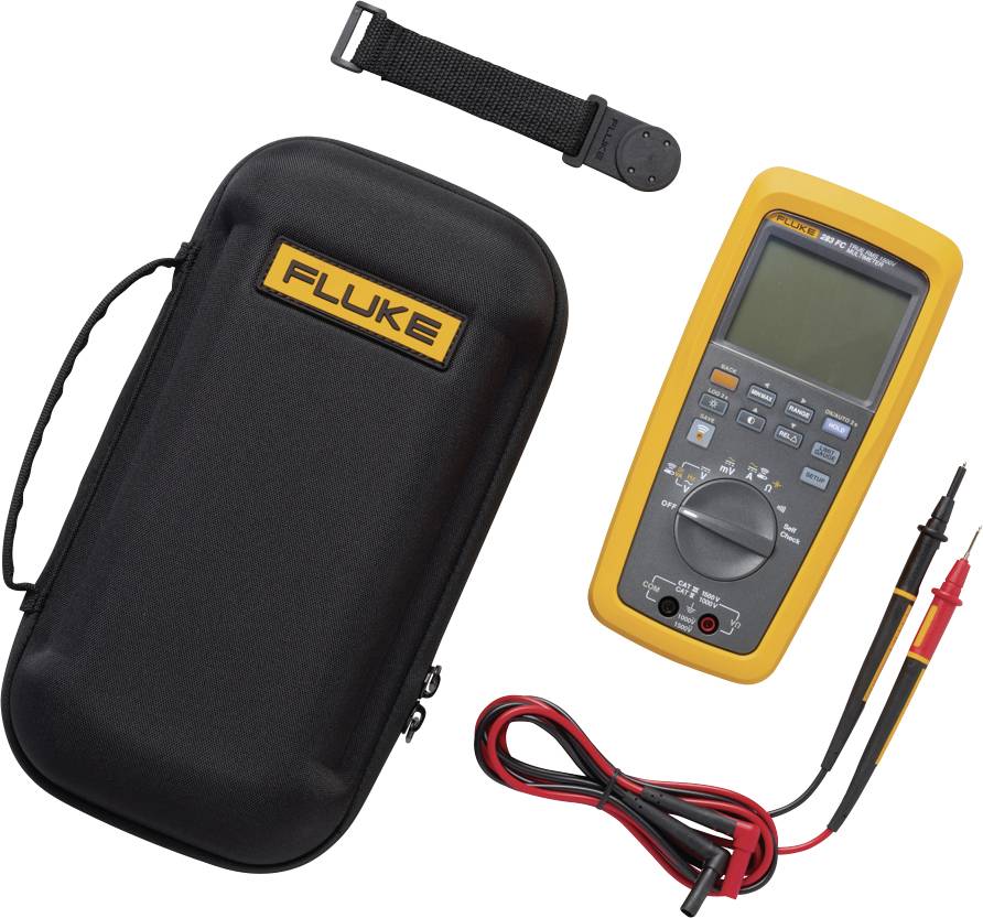 Digitalni multimeter z rumenim ohišjem, merilnimi konicami in črno torbico zraven. Idealen za električne meritve.