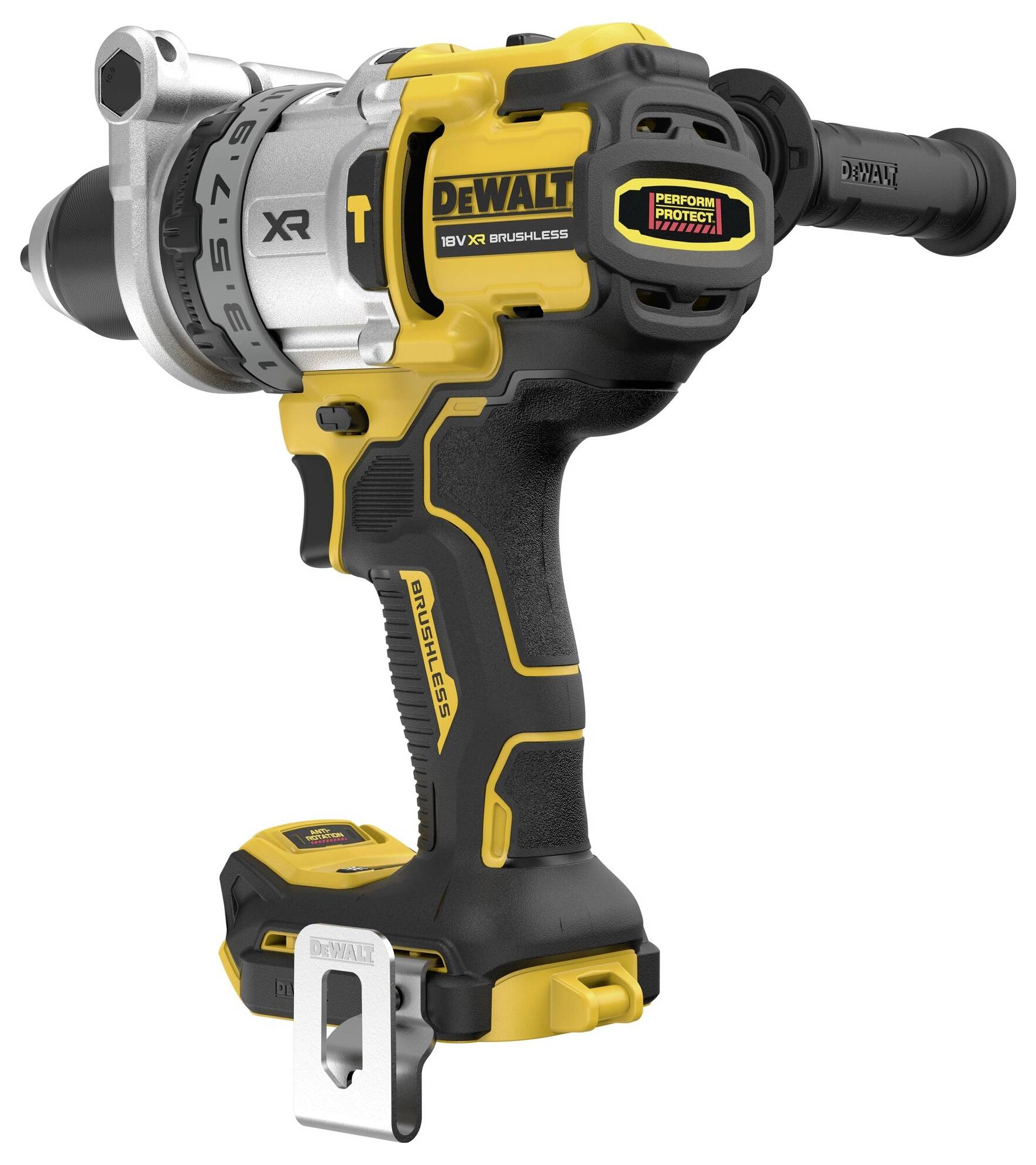 Brezžična vrtalnik v črni in rumeni barvi, model 'DeWalt 18V XR Brushless', z ergonomskim ročajem in pasom za pritrditev.