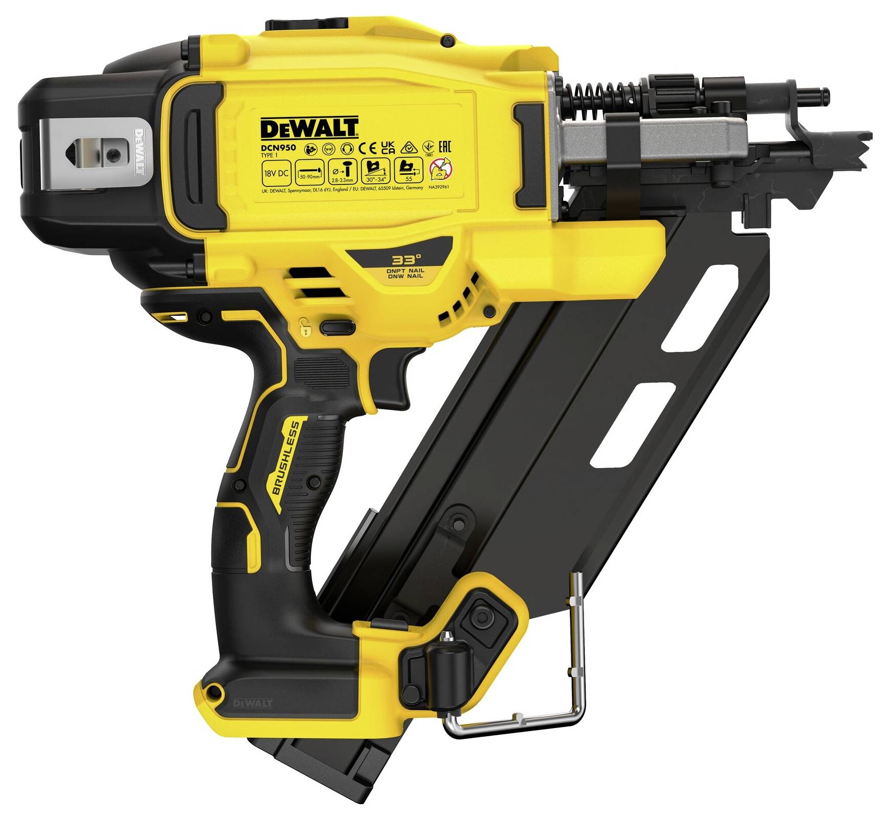 Rumeni in črni električni žebljalnik DEWALT, model DCN692, z robustno zgradbo in ergonomskim ročajem.