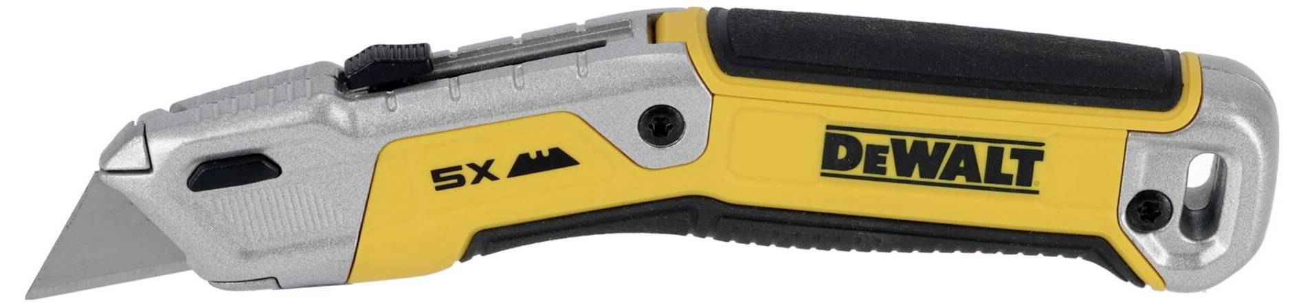 Univerzalni nož DEWALT z zložljivim mehanizmom rezila in ergonomskim ročajem, primeren za natančna rezanja.