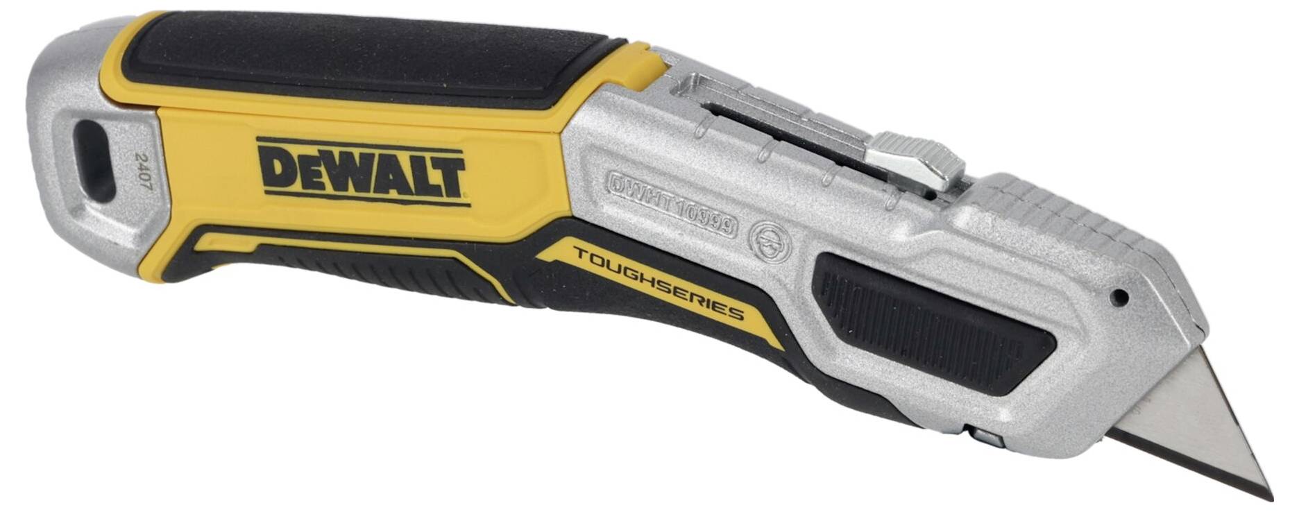 Rumeno-črn večnamenski nož z napisom 'DEWALT' in 'TOUGHSERIES', primeren za rezalna dela.