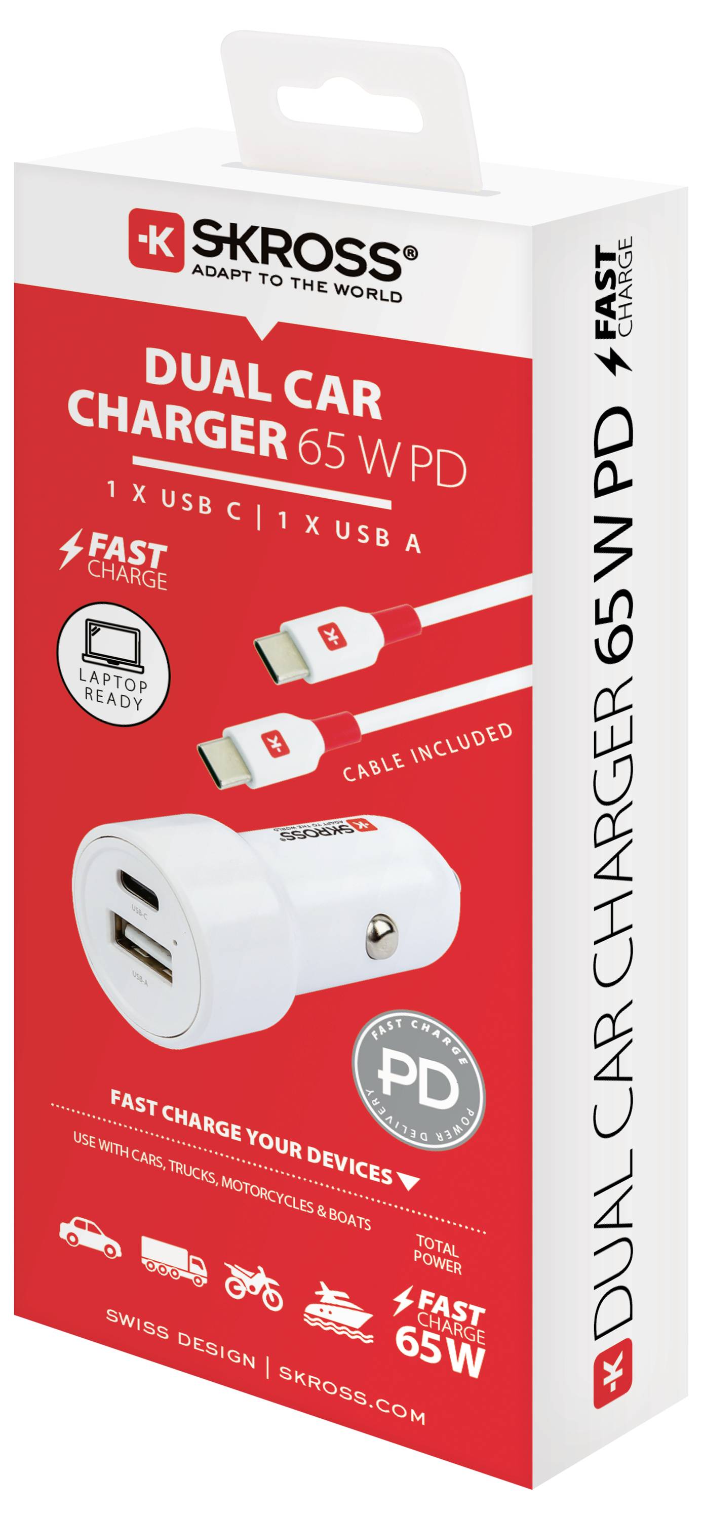 Skross dual avto polnilec 65W PD, z USB-C in USB-A priključkoma, hitro polnjenje, primeren za številne naprave, kabel vključen.