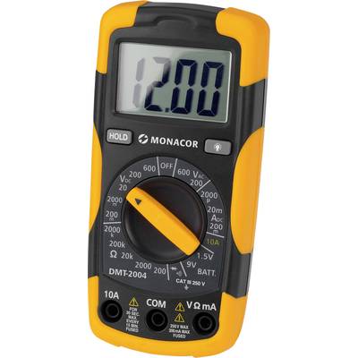 Digitalni multimeter z rumeno-črnim ohišjem, na zaslonu prikazuje 12:00. Vrtljivi izbirnik za izbiro različnih merilnih območij.