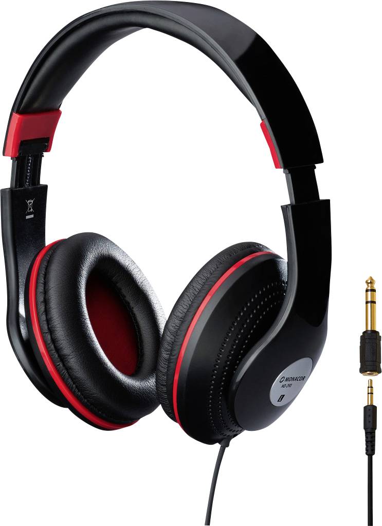 Črne over-ear slušalke z rdečimi poudarki in kablom; poleg prikazan 3,5-milimetrski audio priključek.