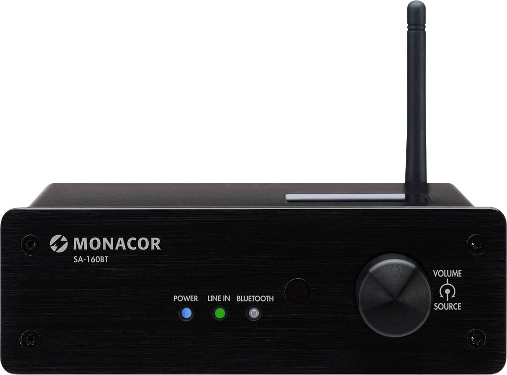 Kompakten črn ojačevalnik z bluetooth anteno. Oznake: Vklop, Line In, Bluetooth, regulator glasnosti in logotip znamke.