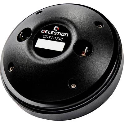 Črn zvočniški gonilnik 'Celestion CDX1-1748' iz kovine in plastike s štirimi luknjami za vijake in osrednjo oznako.