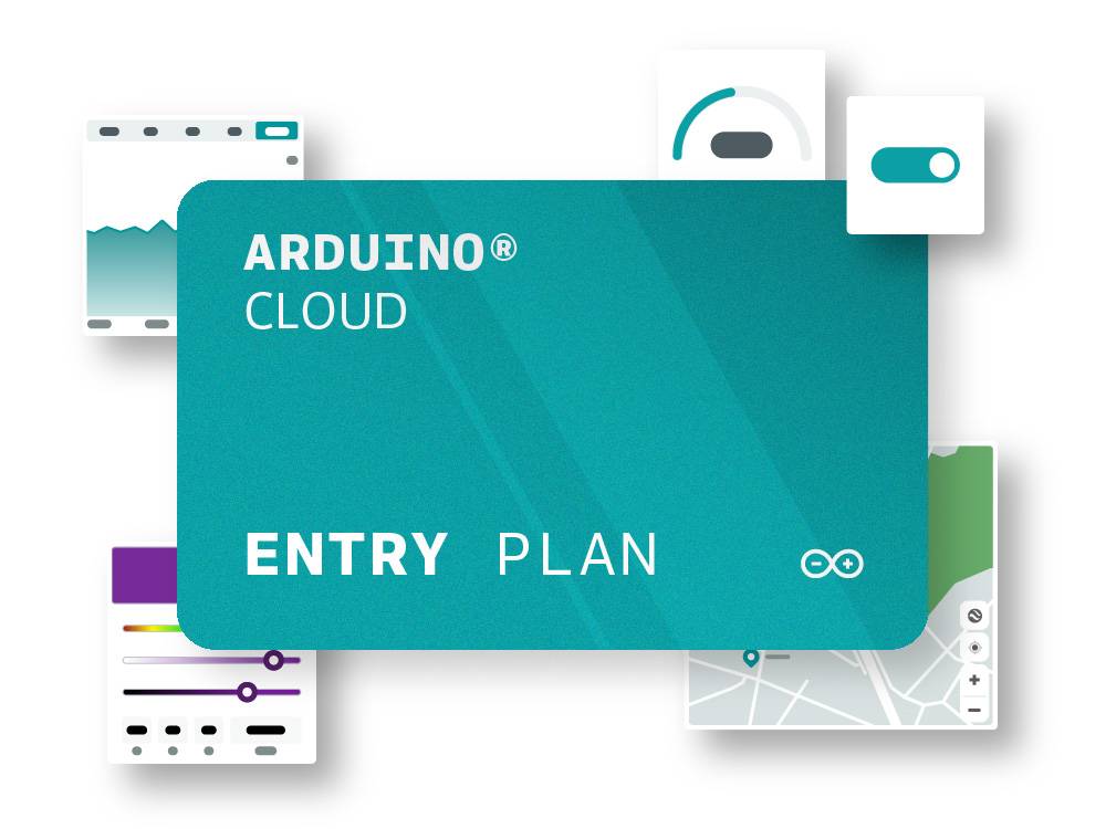 Modro-zelen barvni karton z napisom 'ARDUINO CLOUD ENTRY PLAN', obdan s stiliziranimi tehničnimi diagrami in grafiko.