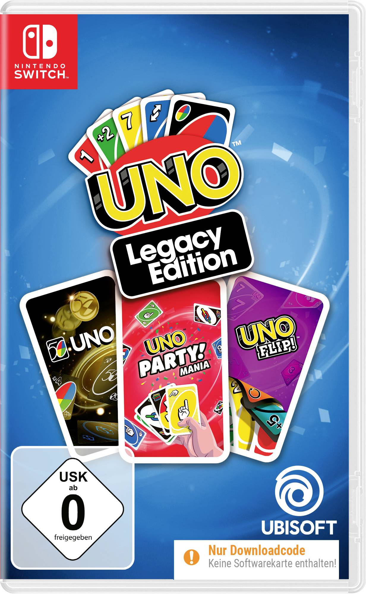 Nintendo Switch igralna škatla z "UNO Legacy Edition", prikazuje različne različice UNO kart na modrem ozadju.