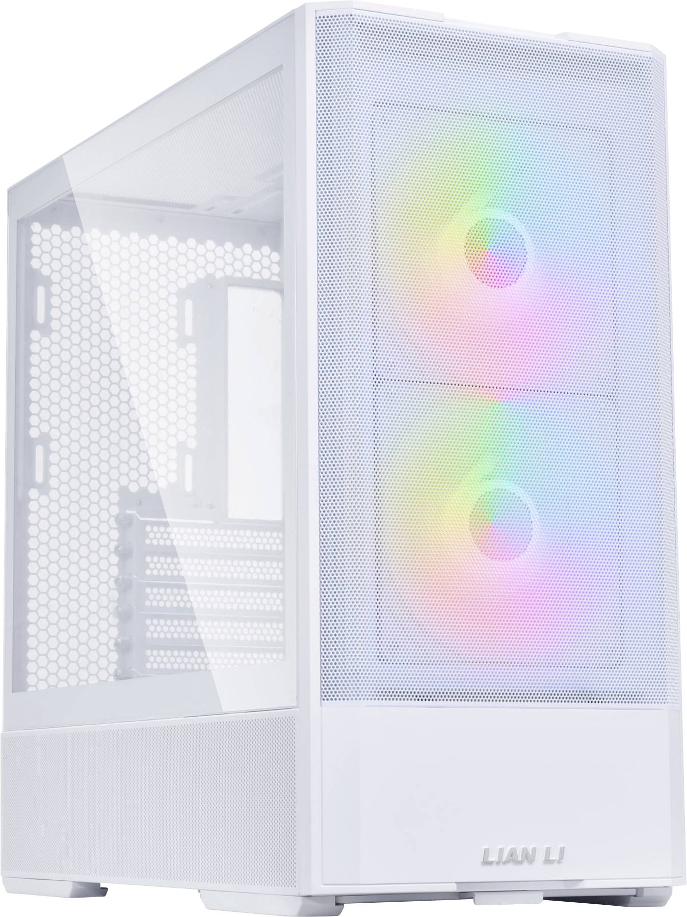 Belo ohišje računalnika s prosojnim stranskim pokrovom, dvema svetečima RGB ventilatorjema spredaj in minimalistično zasnovo.
