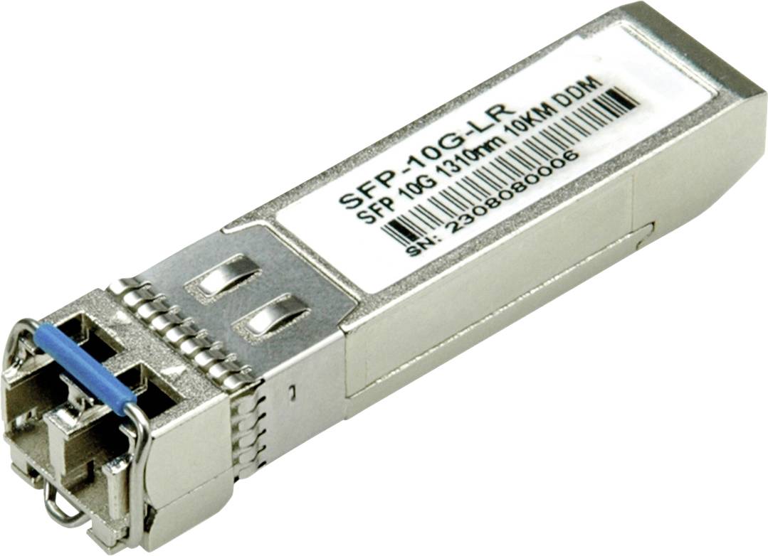 SFP-10G-LR vmesniški modul z LC-priključkom, primeren za doseg 10 km pri valovni dolžini 1310 nm.