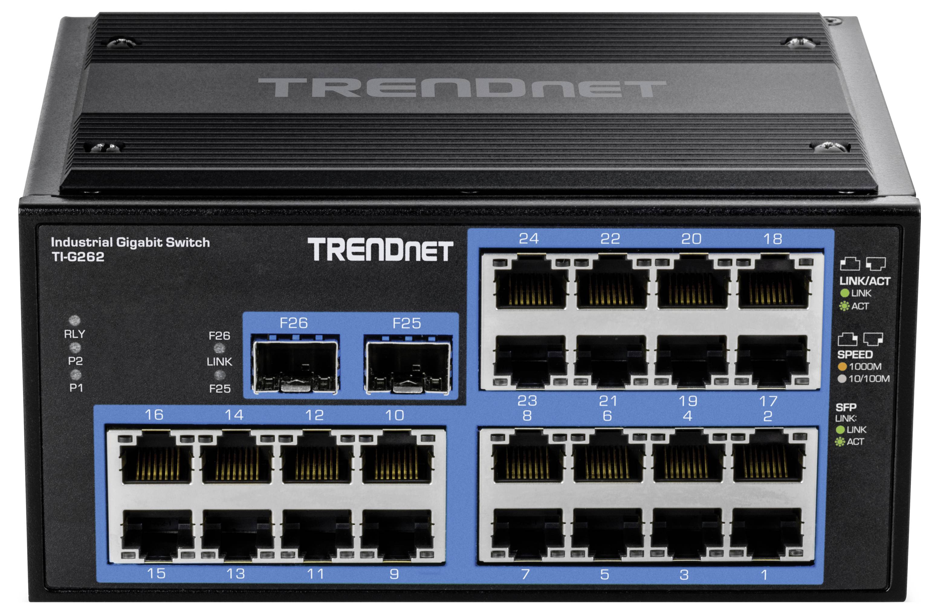 Industrijski gigabitni switch s 28 vrati, model TRENDnet. Vrata so oštevilčena, statusne LED-lučke pa prikazujejo aktivnost in hitrost.
