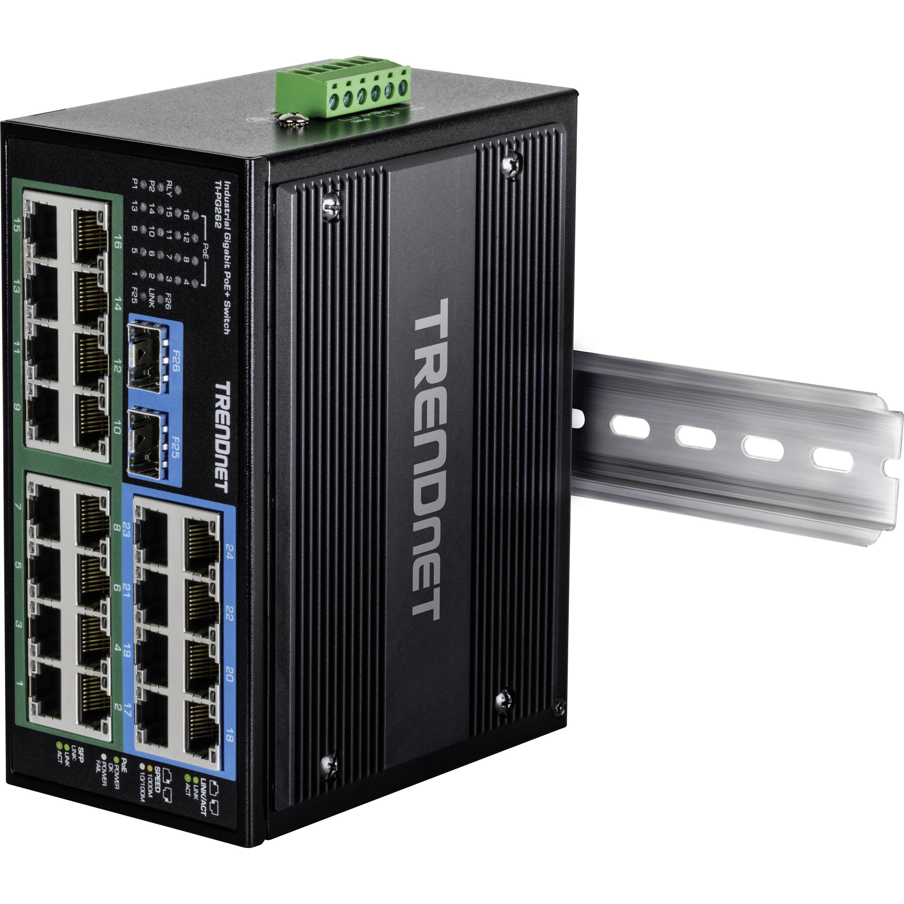 Črni TRENDnet Ethernet stikalni hub s 16 vrati in montažno tirnico, primeren za industrijske omrežne namestitve.