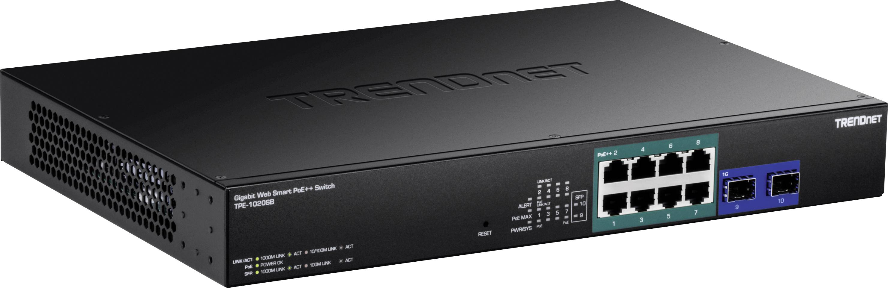Črn omrežni switch znamke TRENDnet z desetimi ethernet vrati in dvema dodatnima priključkoma na sprednji strani.