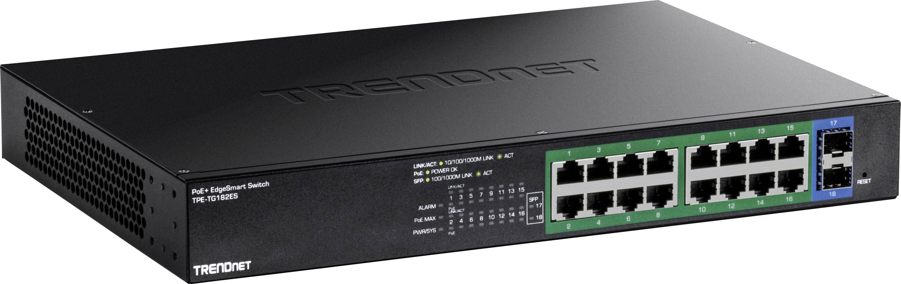 Črn ethernet stikalni element s 16 ethernet vrati, od katerih je 14 zeleno označenih in 2 modro, označen kot stikalni element, konfigurabilen za PoE.