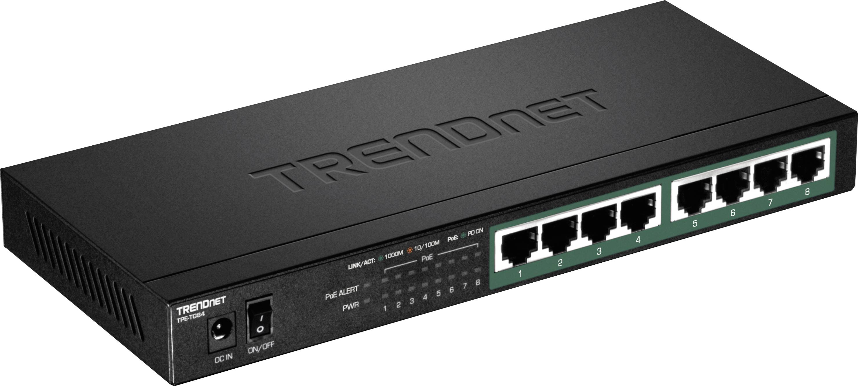 Omrežno stikalo znamke "TRENDnet" z osmimi ethernet priključki in LED indikatorji za aktivnost in status na sprednji strani.