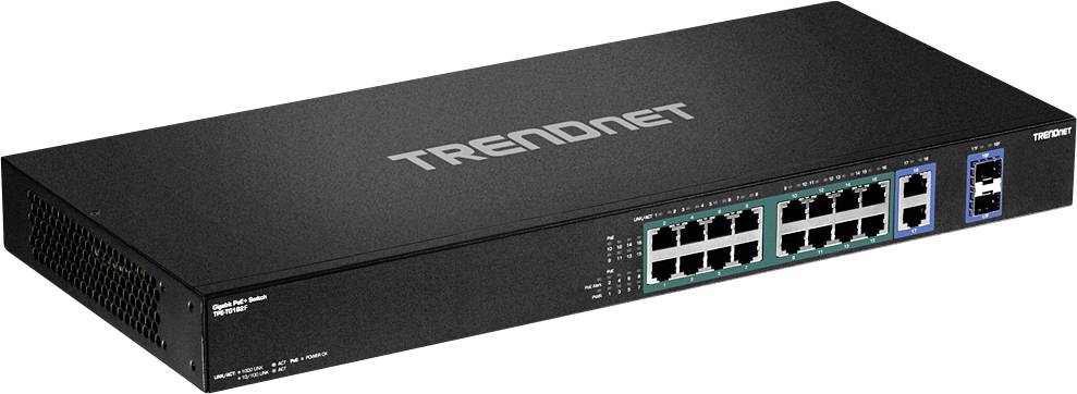 Črn omrežni switch znamke TrendNet z več ethernet priključki na sprednji strani.