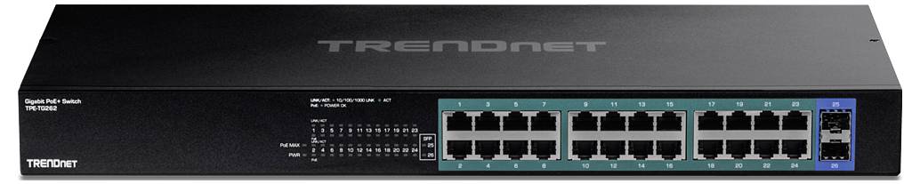 Mrežno stikalo TRENDnet z 24 Ethernet vrati, primerno za uporabo v velikih omrežjih za prenos podatkov.